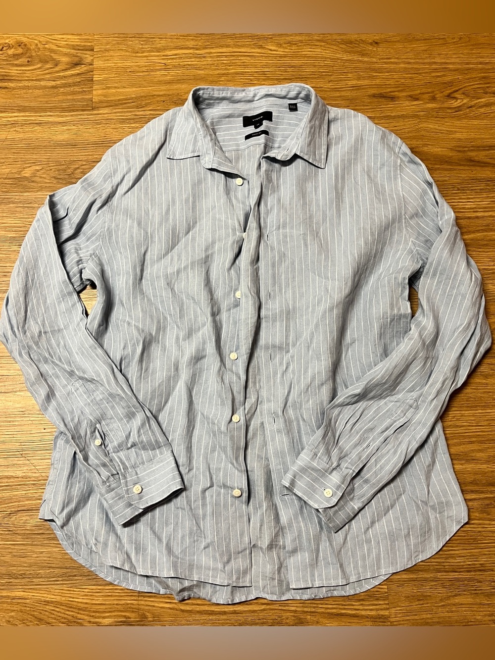 Vince Women’s Blue White Striped Button-Up Shirt 100% Linen Classic Fit Size L